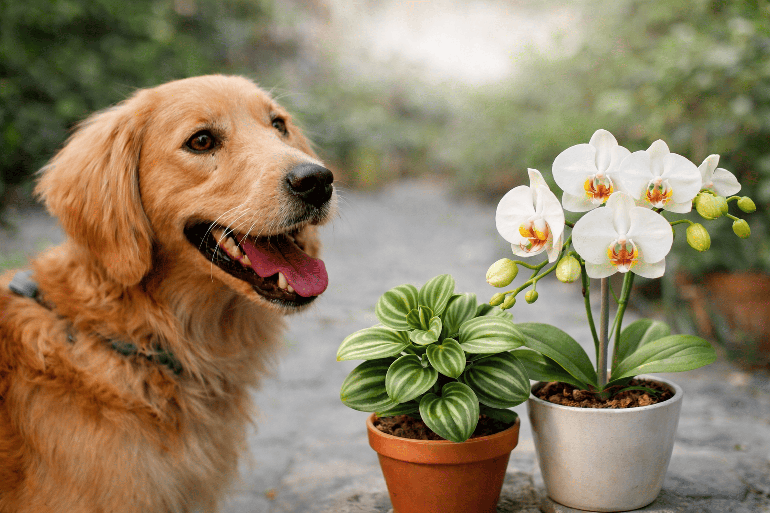 Собака рядом с безопасными комнатными растениями